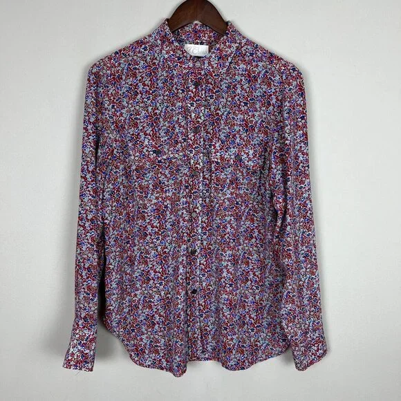 J. Crew Classic Fit 100% Silk Blouse Womens 8 Red Floral‎ Long Sleeve Button Up - Picture 2 of 11
